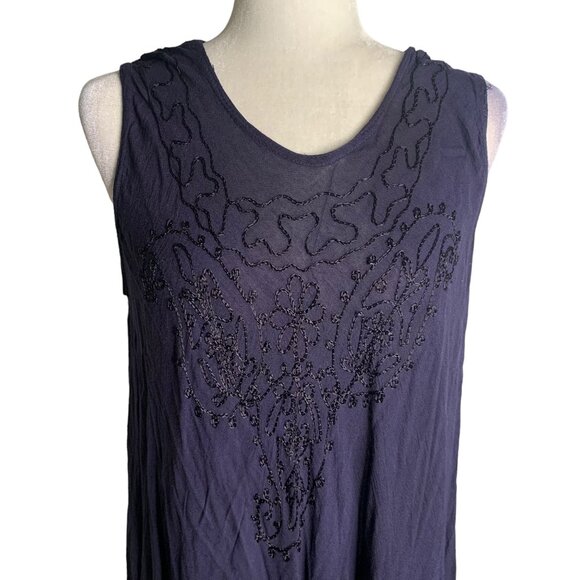 Embroidered Sleeveless Sun Dress S-L Navy Blue Cover Up Rayon Round Hem - Picture 2 of 5